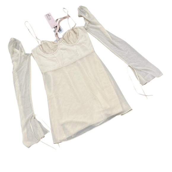 NWT Oh Polly ivory removable sleeves chiffon mini dress corset lace top size 6 - Picture 2 of 11